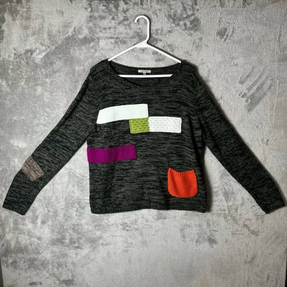Charter Club Gray Marled Crewneck Sweater with Colorblock Accents - Picture 3 of 3